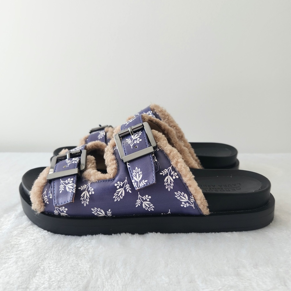 Aerosoles Laura Ashley Olivia Slides Floral Shearling Fur‎ Platform Sandals 7.5 - Picture 3 of 12